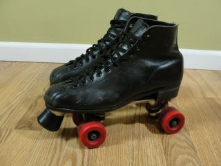 Vintage Hyde Mens Size 9 Black Leather Roller Skates Chicago Plates Pat Pending