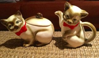 Vintage Ceramic Siamese Cat Creamer And Sugar Bowl With Lid Japanese