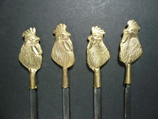 Set Of 4 Vintage Rooster Chicken Head Brass Skewers Shish Kabob 16 "