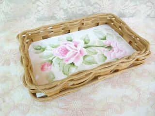 Bydas Woven Rope Pink Rose Tray Hp Hand Painted Chic Shabby Vintage Cottage Art