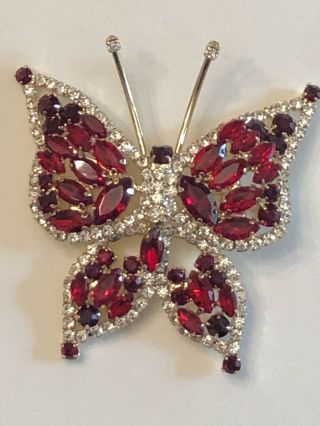 Stunning Vintage Ruby Red Navette Rhinestone Butterfly Brooch Pin High End