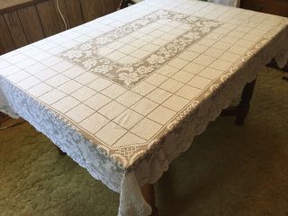 Vintage Off White Ivory Quaker Lace Tablecloth 60 " X72 " Grape Leaves And Squares.