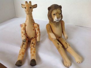 Vintage Carved Wood Jointed Lion & Giraffe Toys Figurines Shelf Sitters Folk Art
