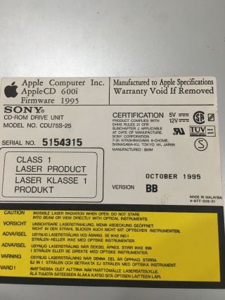 Apple CD - ROM Sony CDU75S - 25 AppleCD 600i SCSI Internal Drive Macintosh Vintage 3