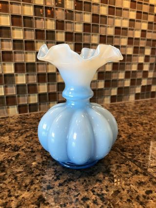 Vintage Fenton Light Blue Melon Shape Vase With Ruffled Top