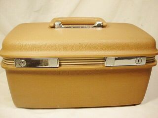Vtg Samsonite Caramel Brown Train Case Key Suitcase Mirror Cosmetic Makeup Tray