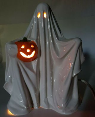 Vintage Ceramic Ghost Pumpkin Jack O Lantern Light Up Halloween Small Chips Back