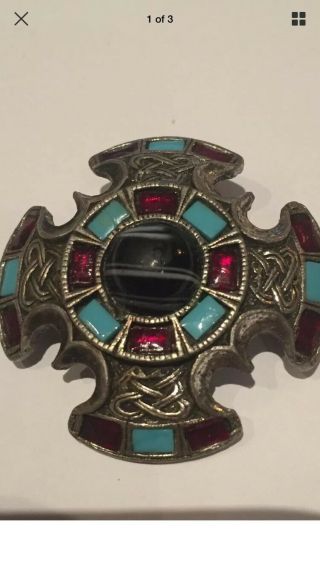 Vintage Scottish Celtic Signed Miracle Agate Turquoise & Ruby Glass Brooch/pin