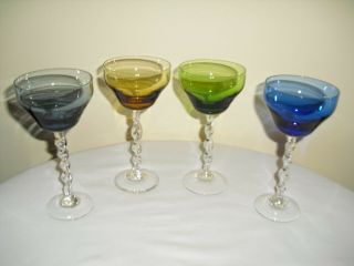 Vintage Multi Color Twist Stem Crystal Wine Goblets / Glasses - Set Of 4