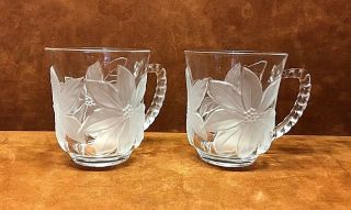(2) Vintage Clear Glass Frosted Poinsettia Design Coffee Mugs