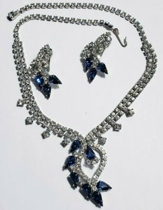 Vintage Juliana Style Blue And Clear Rhinestone Necklace And Earring Set