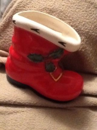 Vintage Lefton Christmas Holiday Santa Red Boot With Holly Ceramic Planter