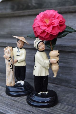 Vintage Japanese Figurine Vase Pair Hand Painted Man Woman