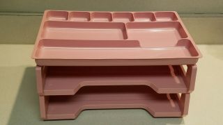 Vintage Rogers Set Of 3 Pink Rose Stacking Plastic Letter File In/out Trays