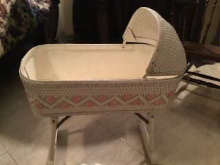 Vintage Wicker Bassinet White And Pink On Stand With Wheels