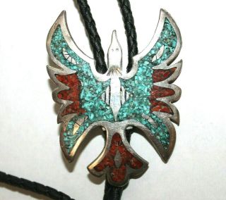 Vintage Native American Sterling Silver Tuquoise Coral Chips Eagle Bolo Tie