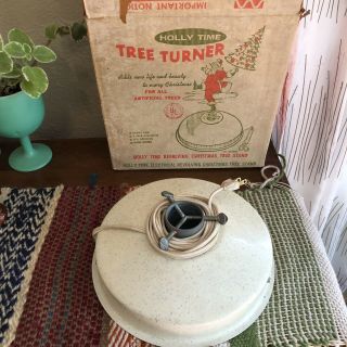 Vintage Rotating Christmas Tree Turner Stand Holly Time Glitter Flake Mcm