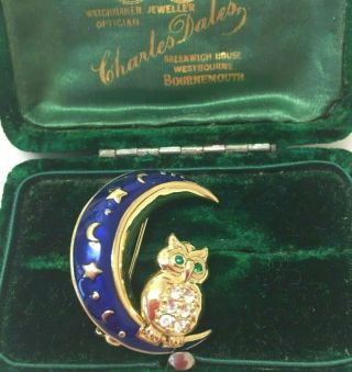 Vintage Jewellery Gorgeous Cute Enamel Crescent Moon And Stars Owl Brooch Pin