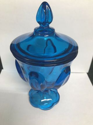 Vintage Blue Glass Scalloped Pedestal Candy Dish With Lid