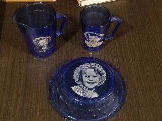 Vtg Hazel Atlas Cobalt Blue Shirley Temple Depression Glass Bowls Cup Creamer