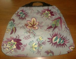 Vtg Barkcloth Bag Gray Pink Floral Plastic Tulip Handles Sewing Yarn Tote Purse