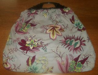 Vtg Barkcloth Bag Gray Pink Floral Plastic Tulip Handles Sewing Yarn Tote Purse 2