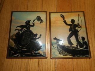 Vintage Reverse Painted Convex Glass Silhouettes Family Fishing Boat