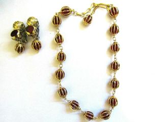 Vintage Signed Trifari Gold Tone Cage Beads W/red Crystals Necklace,  Earrings Set