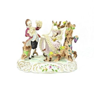 Vintage Porcelain Figurine Dresden Lace Courting Couple Man Woman Swinging