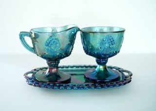 Vintage Blue Carnival Glass Indiana Harvest Grape Design
