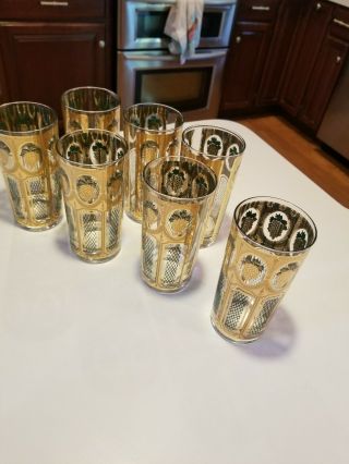 7 Vintage Bar Culver Highball Glasses,  Gold Embossed With Green Underlay Grapes