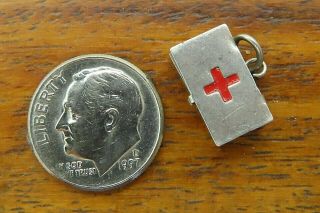 Vintage Sterling Silver Red Cross Medic Medical First Aid Kit Box Movable Charm