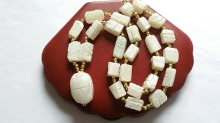 Vintage Long Soap Stone Carved Scarab Beetle Bead Pendant Necklace