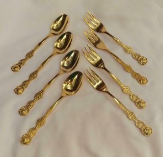 Vintage Dessert Set Of 8 Gold Plated Ep Ss Japan Rose Pattern Forks & Spoons