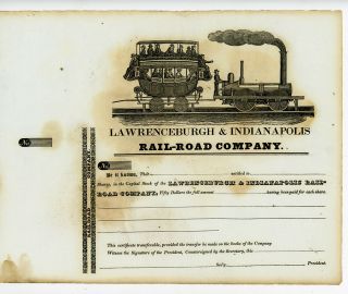 Lawrenceburgh & Indianapolis Railroad Stock Certificate,  1800s Vintage