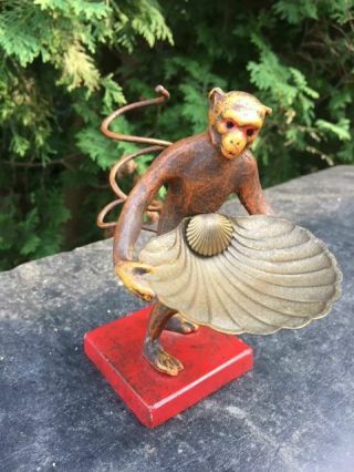 Vintage Petit Choses Painted Metal Monkey Statue Shell - Missing Glass Vase - L