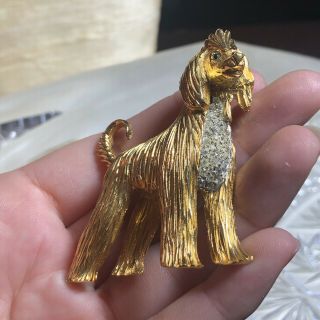 Vtg Retro Crystal Rhinestone Pin Brooch Signed Jomaz Mazer Dog Figural Gold Old