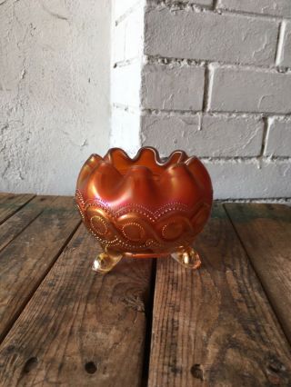 Vintage Iridescent Carnival Glass Footed Rose Bowl Ruffled Top Orange