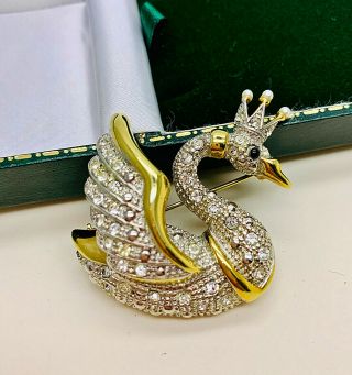 Vintage Jewellery Signed Dune Sparkling Clear Crystal Swan/crown Brooch/pin