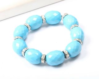 Turquoise Faceted Bead Stretch Bracelet With Clear Rhinestones,  Vintage 1960s