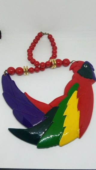 Vintage 1980s Parrot Bird Tropical Style Large Colorful Plastic Resin Necklace