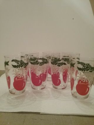 Set Of 7 Vintage 4 " Juice Glasses With Tomato,  White Flowers And Green Leaves