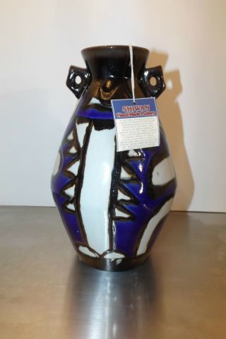 Vintage Cobalt Blue Shiwan Handmade Pottery Vase W/ Tag