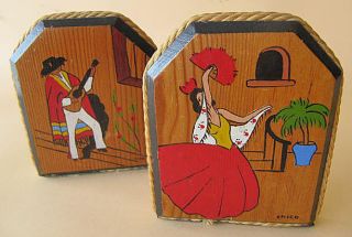 Vintage Wood With Hand Painted Scenes Of Mexico Bookends Signed Chico 1930 