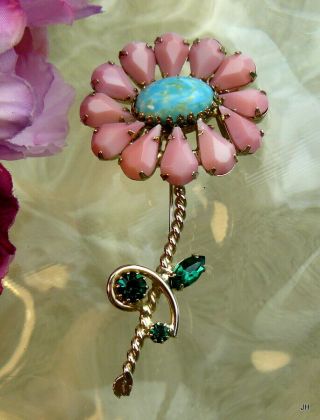 High End Vintage Pink Opaque & Blue Art Glass Rhinestone Flower Pin Brooch Asis