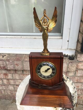 Vintage Art Deco Walnut Lanshire Clock Metal Goddess