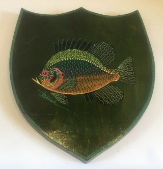 Vintage Green Folk Art Hand Painted Tim Karash Wood Fish Plaque