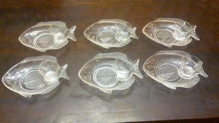 6 Vtg Appetizer Fish Plates Clear Glass Fish Shaped Sauce Sushi W/ Dipping Cups