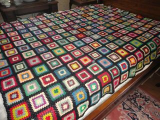 Vtg Hand Crochet Cotton Afghan Blanket Throw Glamping Granny Squares 60 " X 74 "