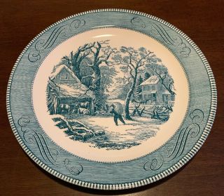 Vintage 10 " Pie Baking Plate In Currier And Ives Blue Royal Usa A Snowy Morning